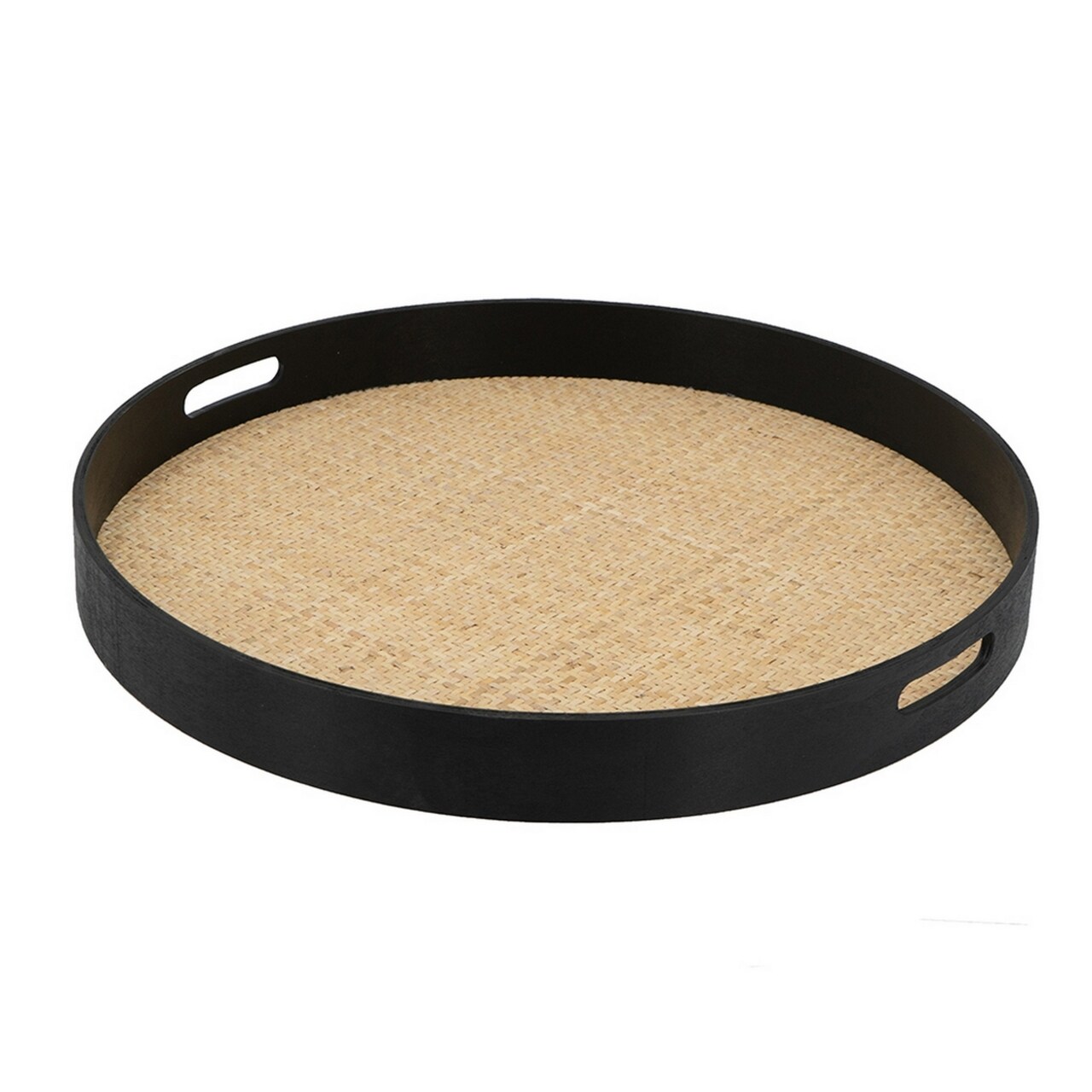 Saltoro Sherpi Zam 20 Inch Round Wood Decorative Tray, Rattan Woven Bottom, Black Finish-